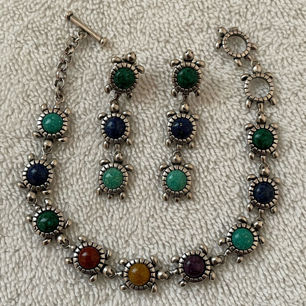 Sterling Silver Turtle Mosaic Inlay Bracelet & Earrings Multistones FIRM PRICE